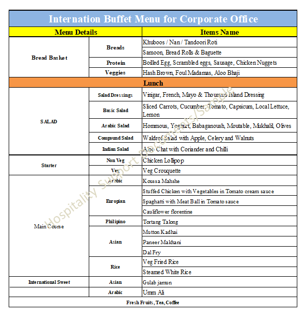 Inteernational Buffet Menu for Corporate in UAE